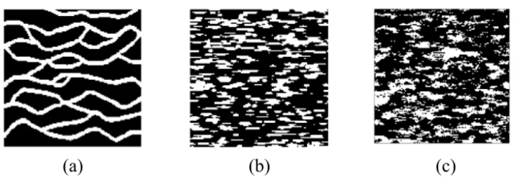 Figure 2: Three different geological scenarios considered: (a) and (b) are training images used for multiple-point geostatistics simulations, and (c) is a realization of a truncated Gaussian simulation with its anisotropic variogram fitted to the training 