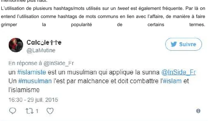 Figure 3 : Un compte Twitter de la fachosphère réagit à l’affaire du Bikini de Remis. On note l’utilisation de hashtags  pour des noms communs, susceptibles de résumer la situation