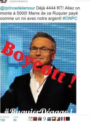 Figure 13 : le compte @tprincedelamour, incite à augmenter les retweets. D’autres comptes relaient des messages  similaires la même soirée, avec pour objectif d’être en Tendance Twitter