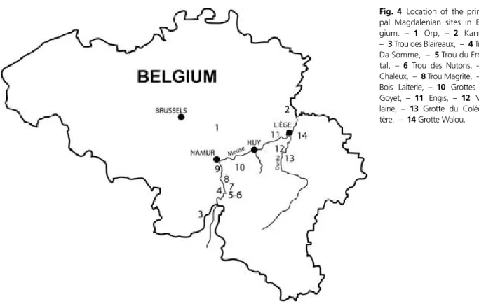 Fig. 4 Location of the princi- princi-pal Magdalenian sites in  Bel-gium. – 1 Orp, – 2 Kanne, –  3 Trou des Blaireaux,  –  4 Trou Da Somme,  –  5 Trou du  Fron-tal, –  6 Trou des Nutons, – 7 Chaleux, – 8 Trou Magrite,  –  9 Bois Laiterie, –  10 Grottes de 