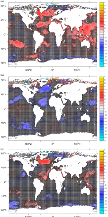 Figure 6. Correlation coefficients between NEEM δ 18 O, accumu- accumu-lation and deuterium excess records and HadSST gridded SST data, using 5-year smoothed data, for the period 1870–2010