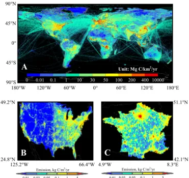 Fig. 2. Fossil fuel emission maps obtained from current inventories. A. Annual emission map for 3 