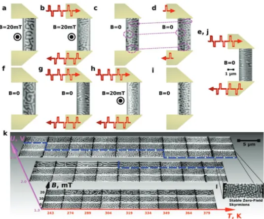 Figure 6.  a–e) The generation of metastable zero field room-temperature skyrmions from a magnetized (stable) skyrmions state (b), which, in turn,  has been directly obtained by applying 100 bipolar pulses of 2.7 V to a labyrinth state (a)