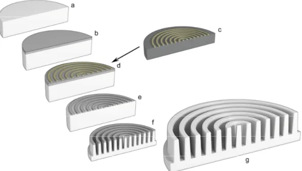 Figure 8. Fabrication process flow. a) diamond substrate, b) masking layers deposited, c) patterned master wafer, d) pattern  transferred to the diamond, e) mask etched, f) diamond etched, g) remaining mask stripped, grating finished