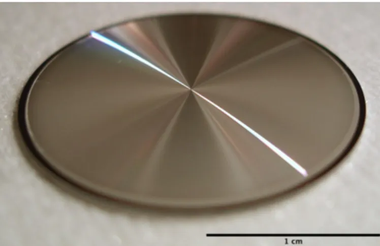 Figure 10. Photo of a 2 cm diameter AGPM grating. The picture is taken before removing the remaining Al mask after  etching