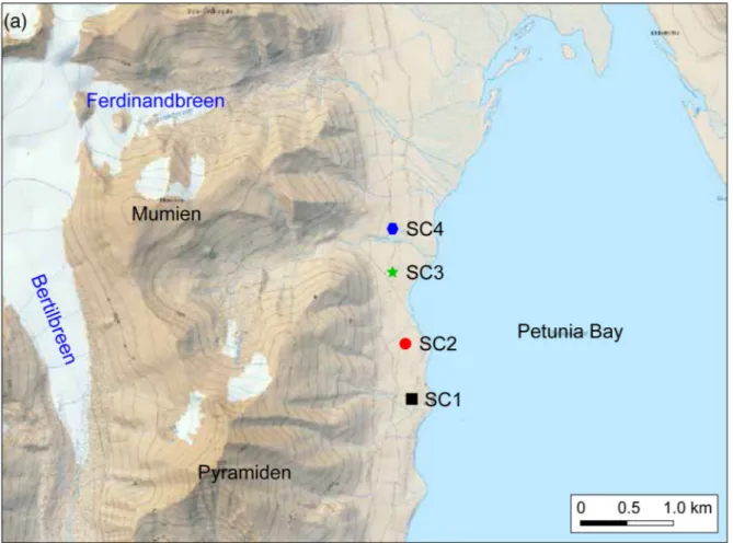 Figure 1. (a) Map of Petunia Bay, Billefjorden, central Svalbard showing the location of the sampling sites and (b) pictures of the studied soil crusts
