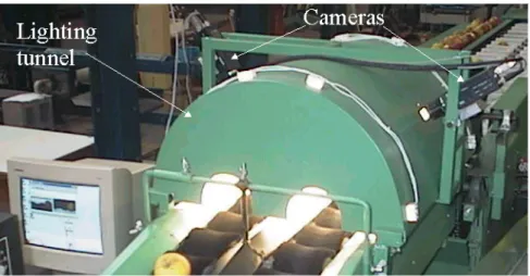 Figure 1 : View of the lighting tunnel and the cameras adapted on the two row grading machine