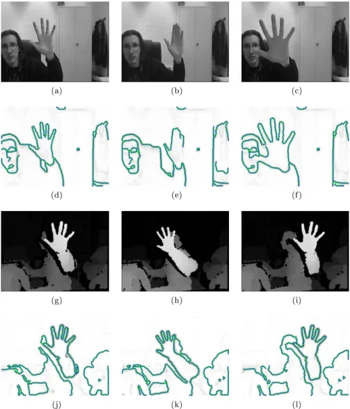 Figure 2.3.3: Examples of graph initialisation for a hand. Observations are similar those of the case of the arm (2.3.2) with the additional issue of edgels missing on ngers when the hand is closed.