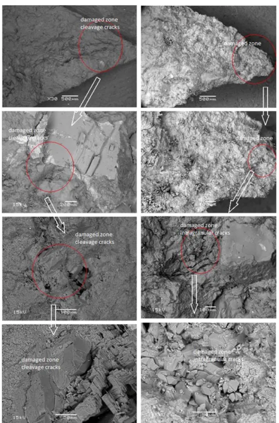 Fig. 12    Damage in the cement of a Brisbane tuff during indirect ten- ten-sile test: (left, static loading) intra-granular cracks along grain and  cleavage cracks on the failure surfaces (right, cyclic) grain 