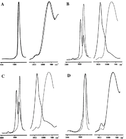 Fig. 5. FTIR spectra of the product extracted by acetone from PC/MMA copolymer (50/50) blends before (– – –)  and after (—) melt mixing at 235°C