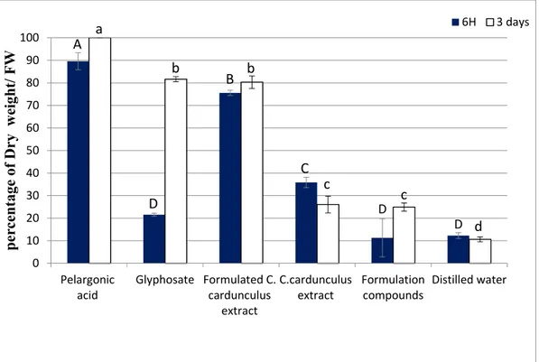 Figure 2. Percentage of dry weight of Trifolium incarnatum leaves 6 h and 3 days after the treatment