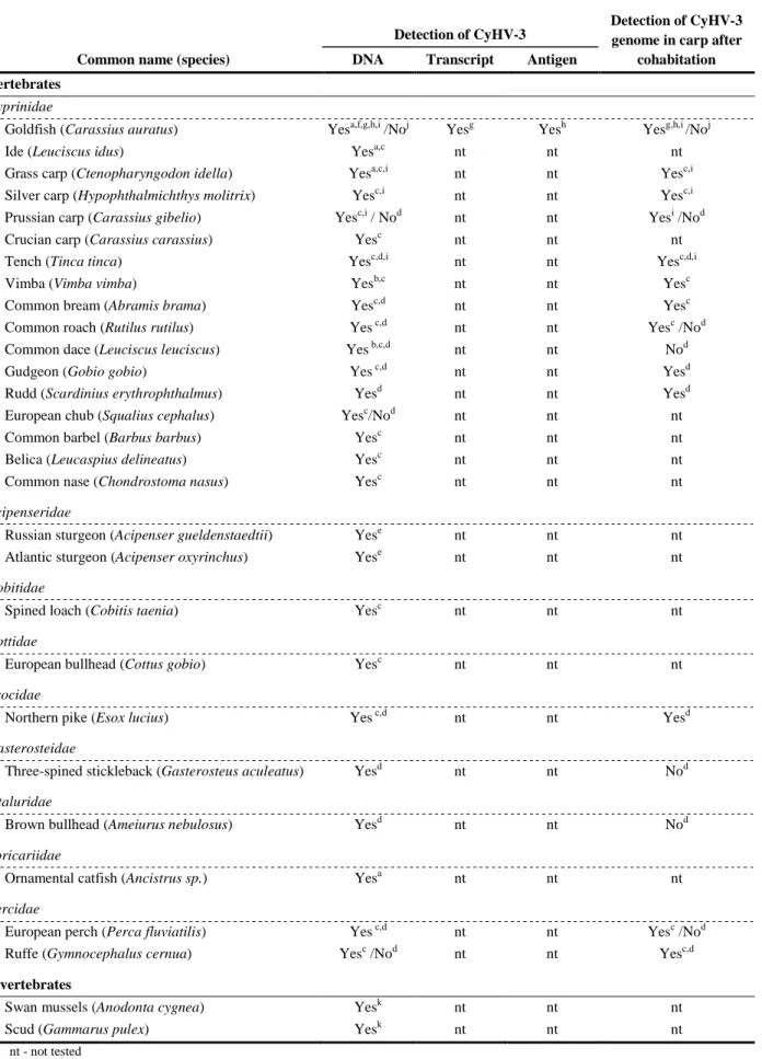 Table 8 - Organisms tested for CyHV-3 infection (adapted with permission from Rakus et al