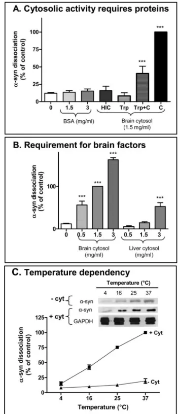 FIGURE 3. Cytosolic brain proteins regulate ␣ -syn dissociation from membranes. A, cytosolic activity is heat and protease labile