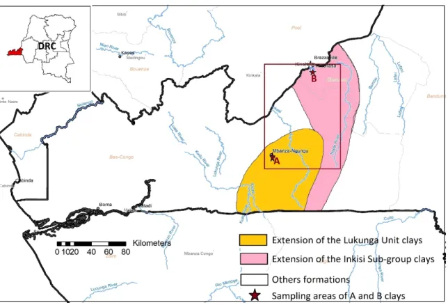 Figure 1:  Location map of the study area (red box) showing the sampling zones chosen in the Kinshasa province and  Mbanza Ngungu, D.R