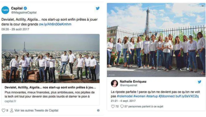 Figure 5 : A gauche, la capture d’écran d’un tweet du magazine Capital avec l’article et la  photo des entrepreneurs qui a fait polémique