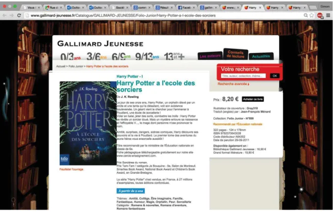 Fig. 19 : Page consacrée à l'édition Folio Junior 2011 - Site Gallimard Jeunesse – Page consultée le 30 avril 2015 – Disponible grâce au lien  http://www.gallimard-jeunesse.fr/Catalogue/GALLIMARD-JEUNESSE/Folio-Junior/Harry-Potter-a-l-ecole-des-sorciers 