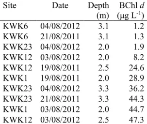 Table 2.3. The relative concentration of bacteriochlorophyll  d (BChl d, μg L -1 ) based on  the maximum peak area at 430 nm