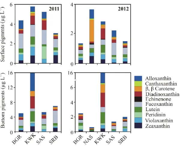 Figure  2.4.  Average  phytoplankton  pigment  compositions  in  the  permafrost  thaw  and SRB lakes in surface and bottom waters