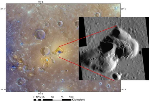 Fig. 9 Agwo Facula and the compound volcanic vent at is centre. Main image: enhanced MESSENGER colour image (as in Fig
