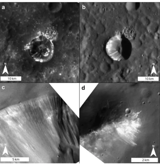 Fig. 10 Slope lineae on Mercury. a, b: Martins crater. Low solar incidence angle (a) reveals high albedo lineae, and a potential bright layer below the crater rim