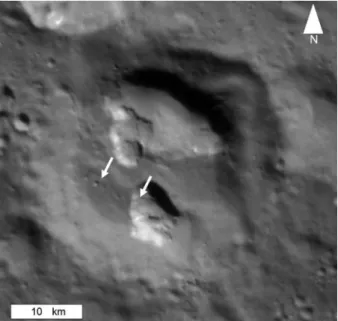 Fig. 11 A volcanic vent cut by a fault trace (arrowed), within an un-named 25 km diameter crater, 147° E, 65° S, seen on a 145 m/pixel MESSENGER NAC image (from work in preparation by Pegg et al.)