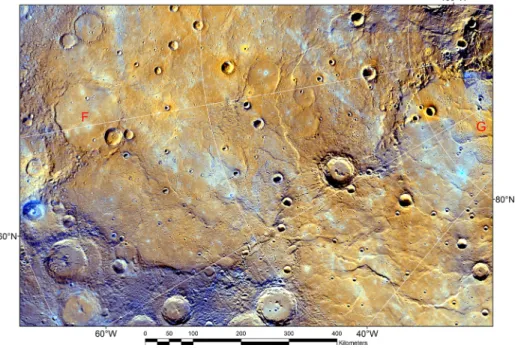 Fig. 1 Part of Mercury’s Borealis Planitia seen in polar stereographic projection, and containing ample evidence of flooding by lava flows