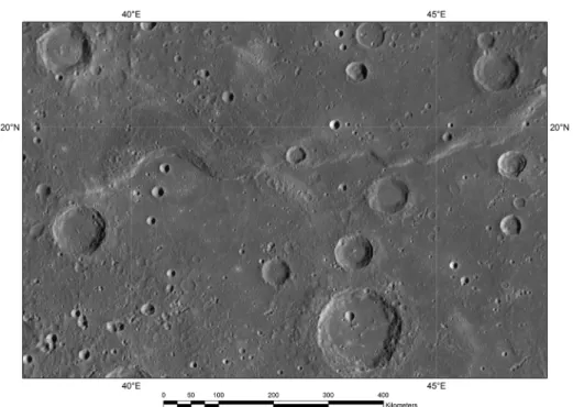 Fig. 2 MESSENGER Narrow Angle Camera (NAC) mosaic of an area within the Derain quadrangle (cylin- (cylin-drical projection)