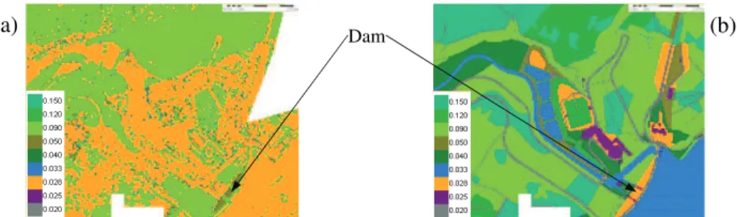 Figure 3: Distribution of the roughness coefficient in the vicinity of the dam,  using –(a) difference of echoes –(b) landuse data