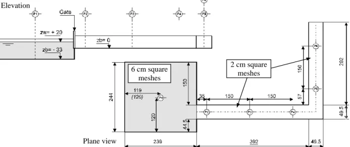 Figure 5: Experimental facility for the L-channel test (dimensions in cm) and numerical discretization  features 