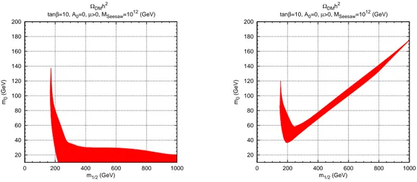 Figure 1. Dark Matter 3 σ allowed regions for tan β = 10, and v BL = v R = 1.5 × 10 15 GeV (left) and v BL = v R = 10 16 GeV (right).