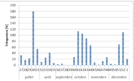 Figure 11 : Evolution des observations de poissons à la passe de Waulsort du 2 juillet 2012 au 31 décembre 2012 