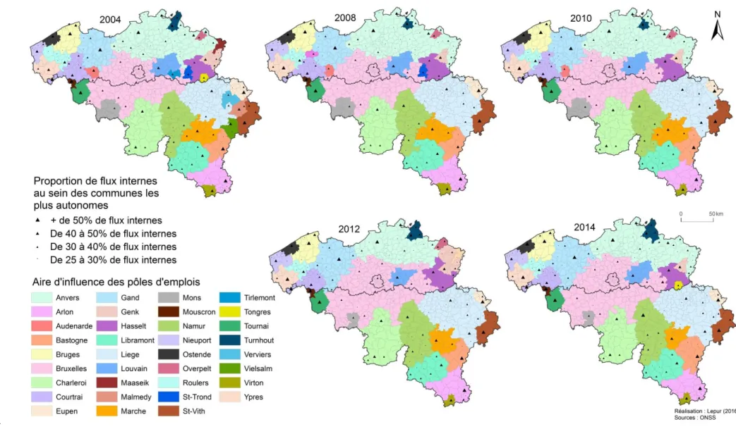 Figure 2 : Evolution 2004-2014 du découpage du territoire wallon en aires d’influence des pôles d’emploi tenant compte des flux transrégionaux  1 