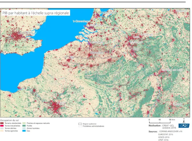 Figure 1 : Occupation du sol à l'échelle suprarégionale [Corine Land Cover v16)  A l’échelle suprarégionale, la Wallonie s’inscrit : 