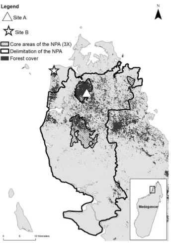 Fig. 1: Map of the Ampasindava peninsula in north-west Mad- Mad-agascar with representation of the two study sites, forest  cover, the New Protected Area (NPA) and the 3 core areas  of the New Protected Area