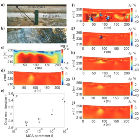 Figure 2. Results from field data. (a) Injection well and setup, (b) nearby outcrop of the fractured limestone, (c) background model (smoothness constraint), (d) inverted TL model changes using smoothness constraint on the model changes, (e) selection of t