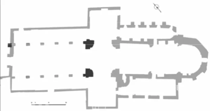 Fig. 2. Sample locations: charcoals from mortar sampled for the  14 C analysis and bricks sampled for the archaeomagnetism study come from the arches of the crossing-tower; bricks sampled for the TL study come from the two western piers supporting the abov