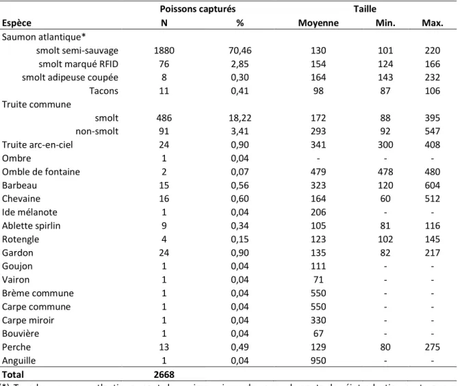 Tableau  1.  Bilan  des  captures  des  poissons  dans  le  piège  de  dévalaison  de  la  centrale  hydroélectrique  Mérytherm  sur la basse Ourthe pendant la période du 13 mars au 30 mai 2018 (34 contrôles pour 79 jours de  piégeage en continu)