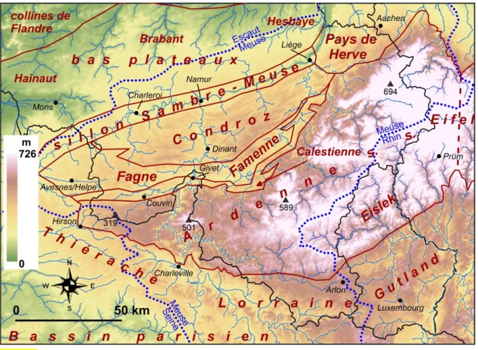 Fig. 1-3. – Carte oro-hydrographique du Massif ardennais. Les triangles noirs localisent  quelques points hauts