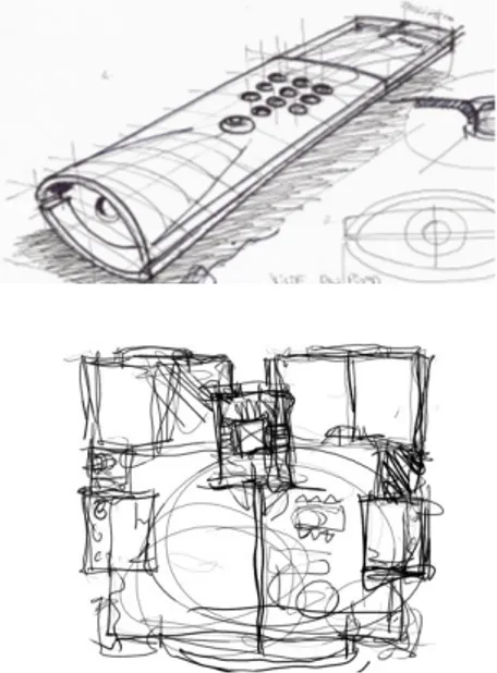 Figure 4 : Les représentations externes principales : en haut,  travail en perspective pour le designer ; en bas, travail en plan 