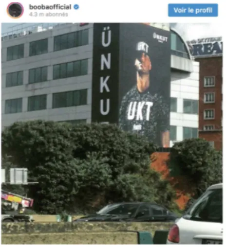 Illustration 1 : Capture d’écran d’une publication Instagram de Booba présentant une  affiche publicitaire Ünkut visible du périphérique de Paris (Cf annexe 20) 