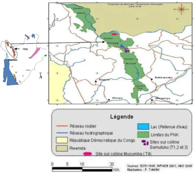 Fig. 1. Localisation du PNK (à gauche) et des sites d’études (à droite) 