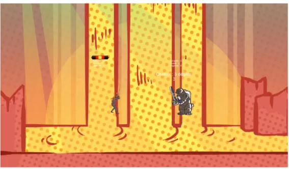 Figure 14 - Image du jeu Forgeron Baston. Ecran de combat se déroulant dans un environnement avec une  forte température