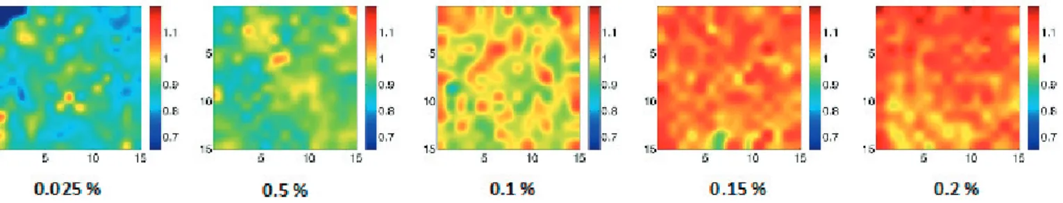 Figure 4: Concentration maps of 4-AP in a paracetamol tablet from 0.025% to 0.2% obtained by SERS chemical imaging [11].