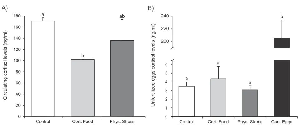 Figure 3. A) Plasmatic cortisol levels (ng/ml) of Salvelinus fontinalis females at stripping and B) unfertilized egg cortisol levels (ng/ml)