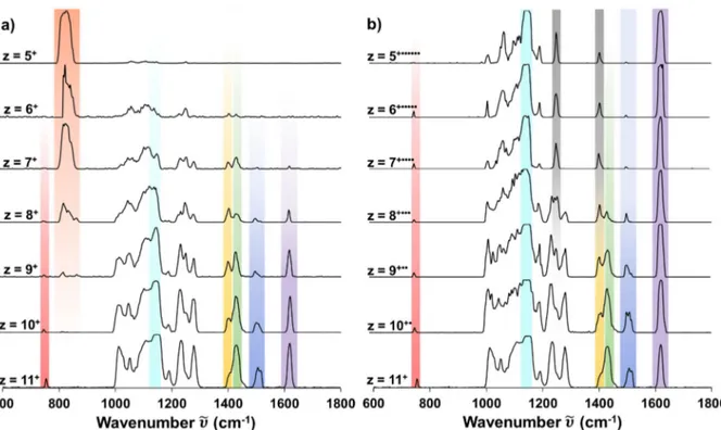 Figure 4. IR action spectra of [4]5NPR in different charge states z for (a) ESI-generated species  [[4]5NPR +12 (PF 6 ) n ] (12-n)+  and (b) ETnoD-generated species [[4]5NPR +12 (PF 6 )] x•(11-x)+  starting  from the z = 11+ precursor