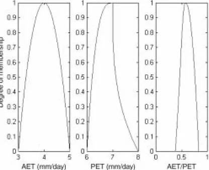 Fig. 5. The shape of any LRFN depends upon the exponents (p, q) of its left–right membership functions: fat ; (6, 6); slim ; (0.4, 0.4); TFN ; (1,1) and LRFN ; (0.65, 2.50)