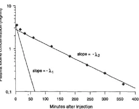 Figure 7: Représentation graphique de la courbe de décroissance  plasmatique du marqueur dans le modèle bicompartimental [32] 