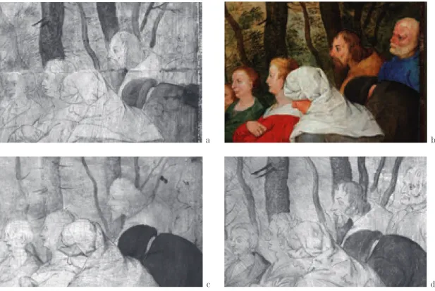Fig. 10. Top right seated group, a-b. Jan Brueghel’s Basel version, IRR and normal light