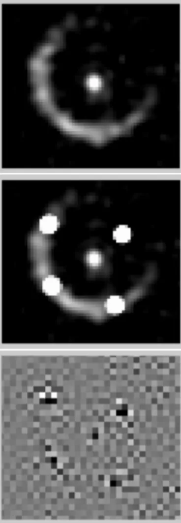 Fig. 8. Synthetic image of a gravitationally-lensed quasar with a config- config-uration similar to the Cloverleaf: 4 point sources, a faint lensing object, and a partial Einstein ring