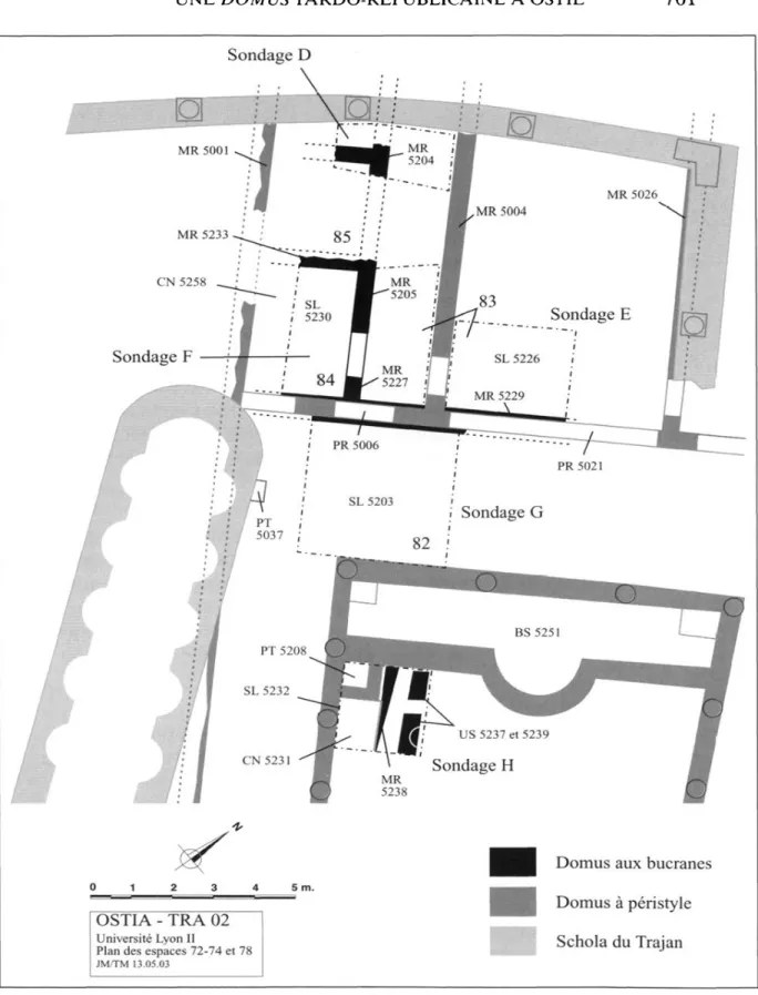Fig. 3. - Plan des espaces 72, 73, 74 et 78 avec indication de l'emplacement des sondages E, F, G  et H, ainsi que des nouvelles structures de la Domus aux bucranes